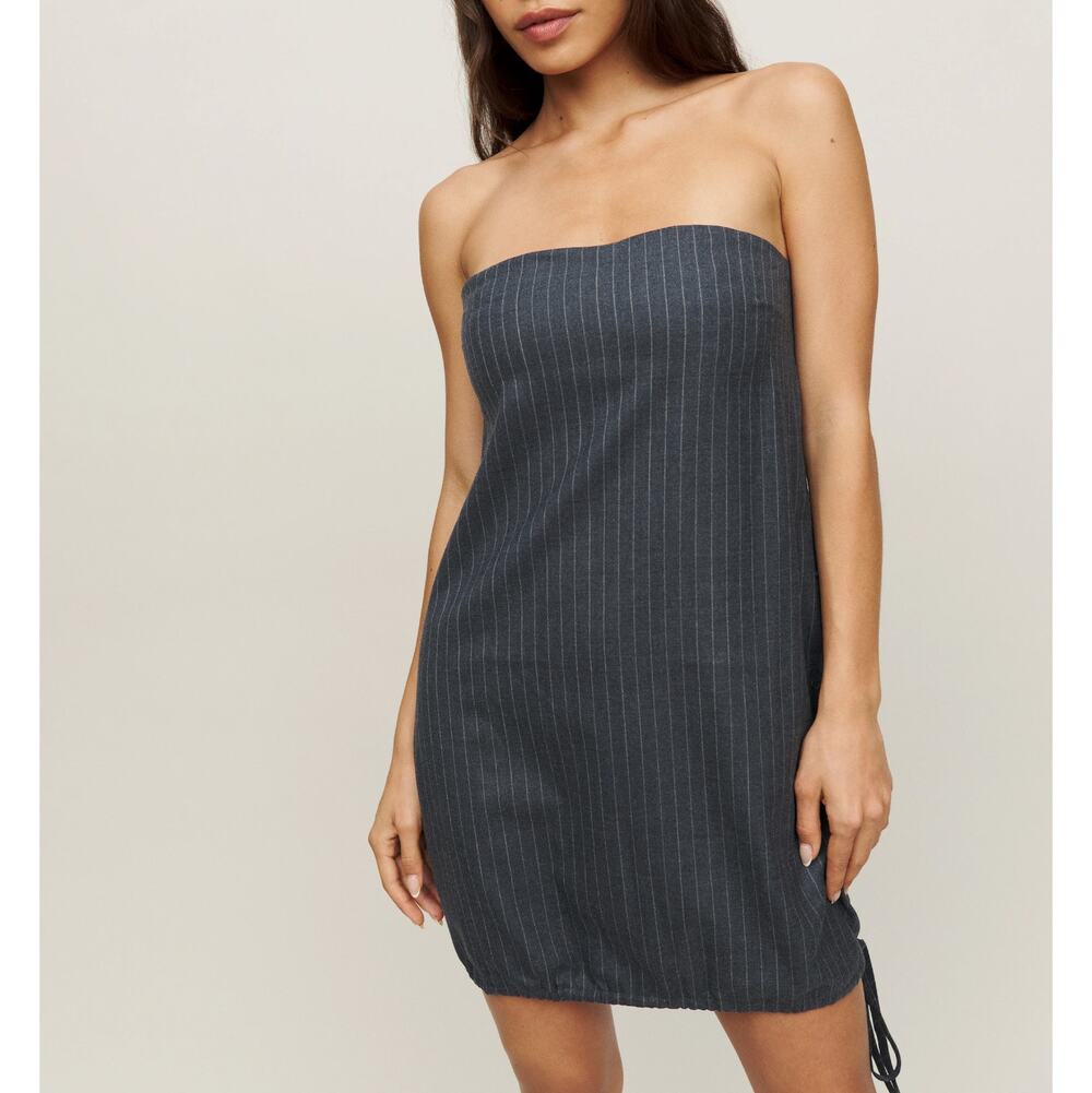 Reformation Booker Dress Grey Pinstripe Strapless Sack Bubble Hem SZ 0